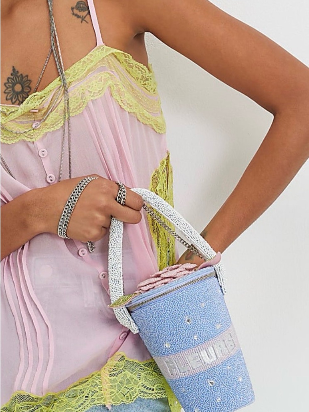 River Island Blue Beaded Flower Bucket Bag with Pink Trim
